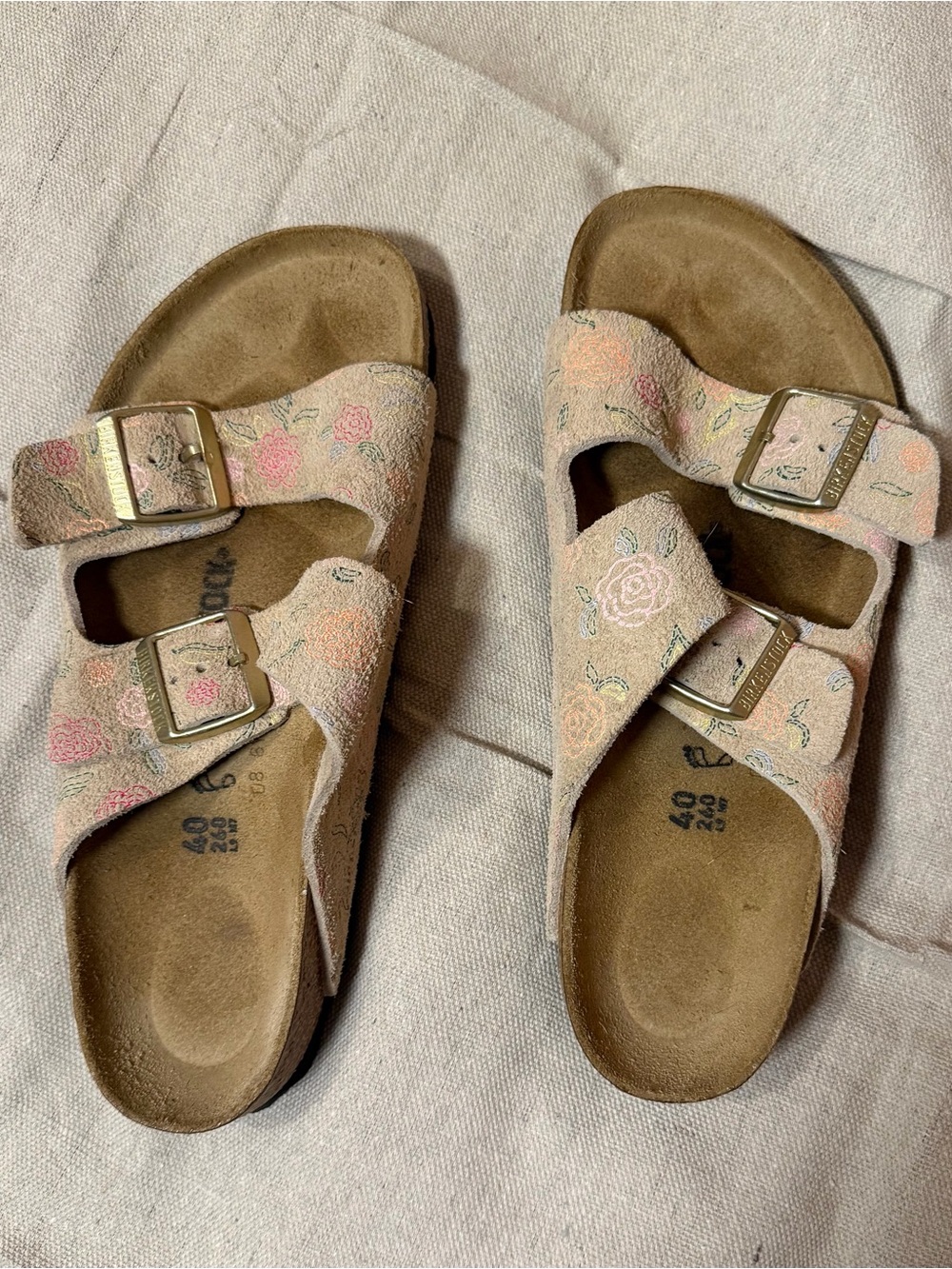 Birkenstock Women's Tan Floral Suede Two-Strap Sandals with Gold Buckles